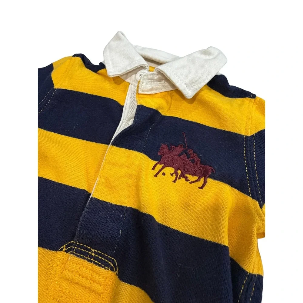 Ralph Lauren Kids Yellow Navy Striped Rugby Romper 6M Preppy Cotton One Piece